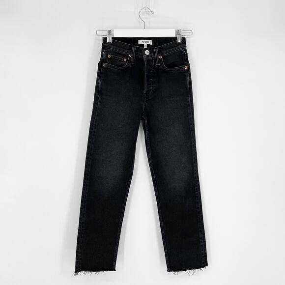 RE/DONE 70s Stove Pipe Jeans Women’s 23 Washed Noir Black Straight Raw Hem - Picture 2 of 7
